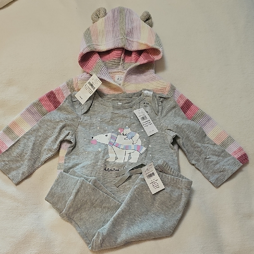 Baby Gap Striped Bear Hoodie and Gray Outfit Set